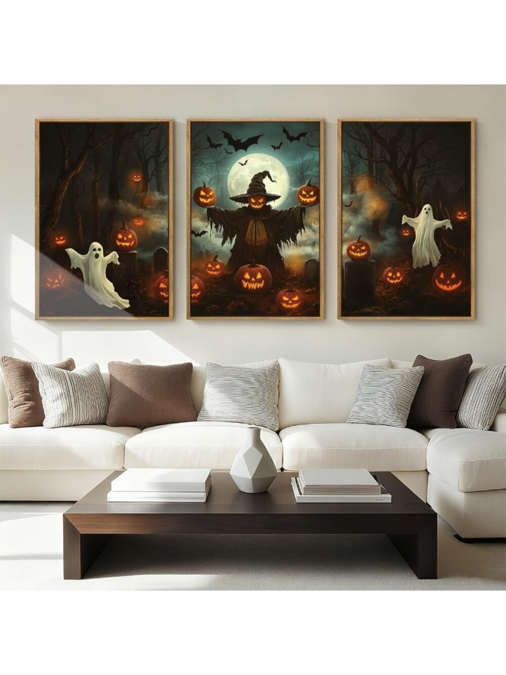 Spooky Halloween Ghost Wall Art Set - Pumpkin Decor for Living Room & Bedroom